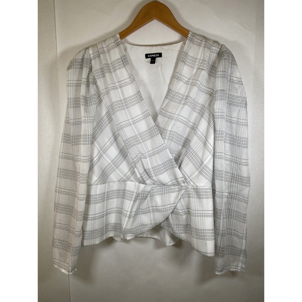 1-8 EXPRESS Women's Surplice Top Puff-Shoulders Tartan/ Plaid White Black XL